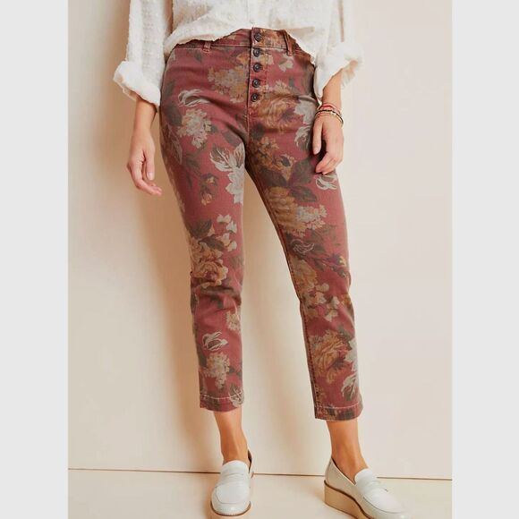 EUC Anthropologie Pilcro Ultra High-Rise Slim Straight Floral Jeans, Mauve Sz 28 - Picture 1 of 9